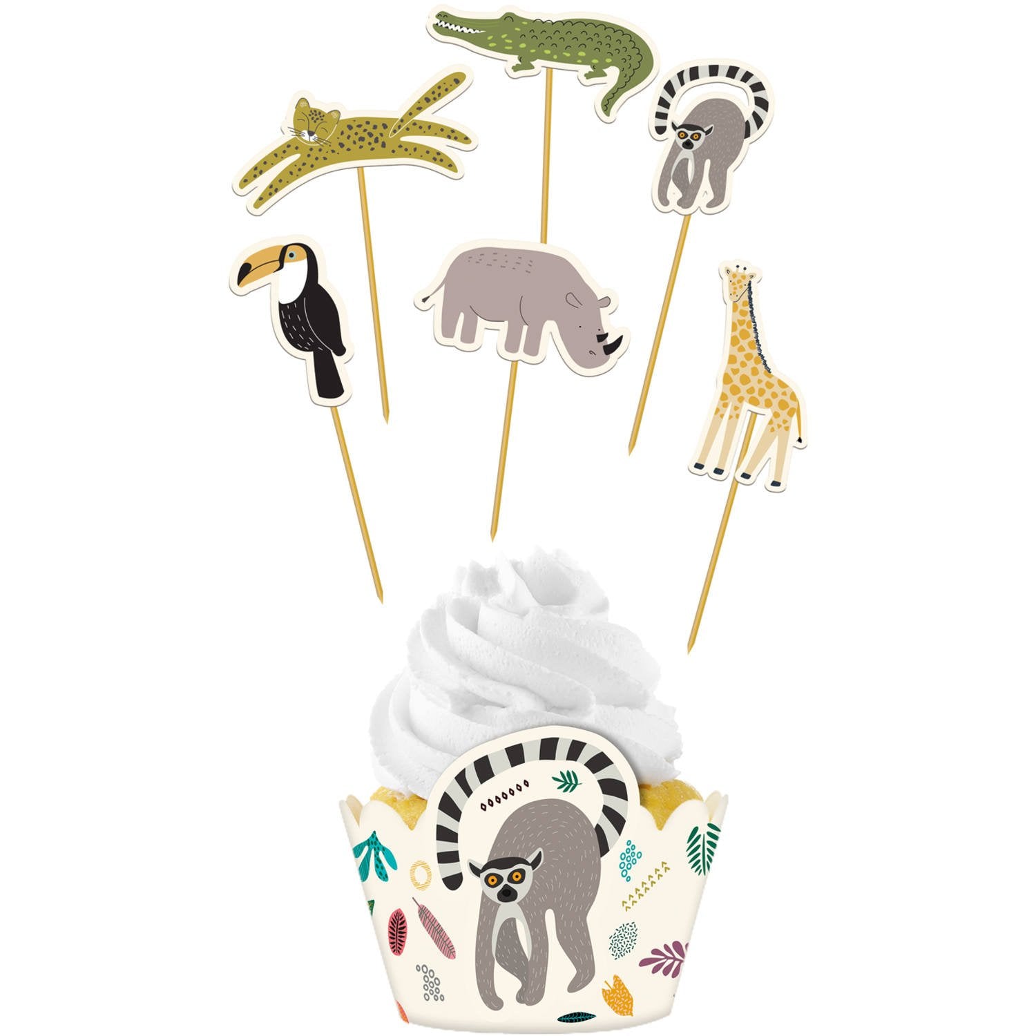 6 décorations pour cupcakes sur le thème des animaux de la jungle et 6 caissettes
