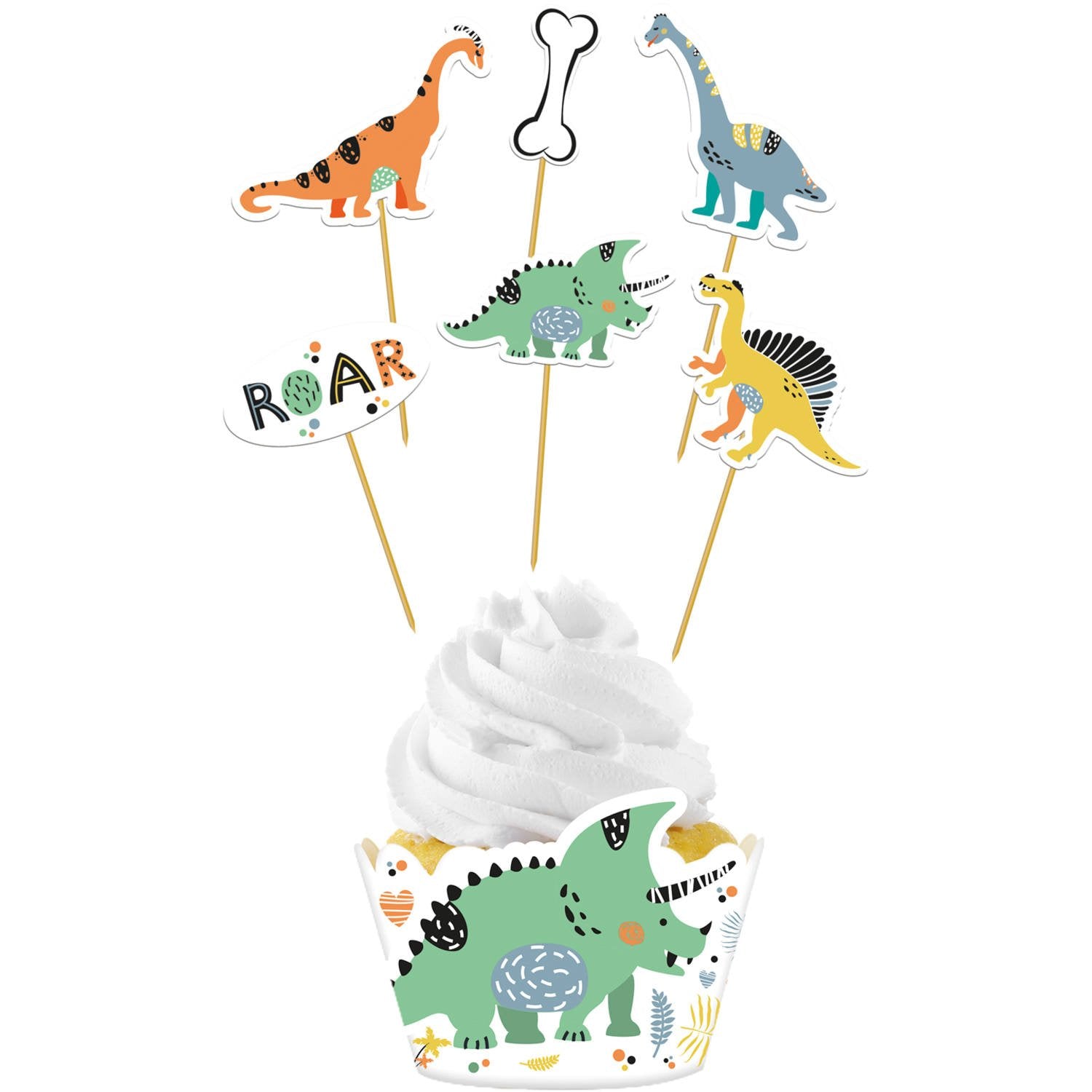 6 décorations pour cupcakes « Amis dinosaures » et 6 caissettes