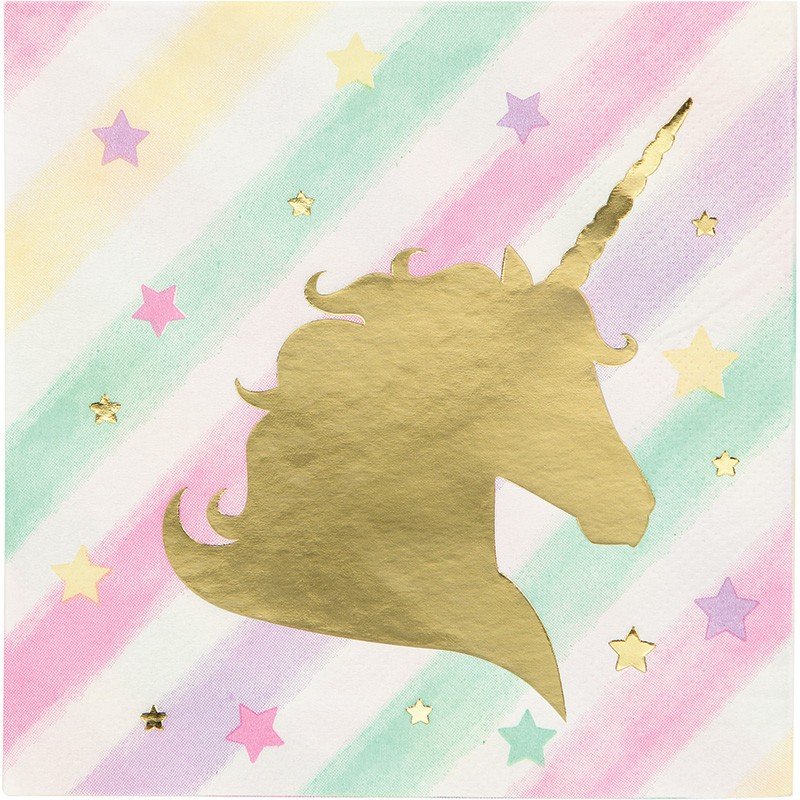 16 SERVIETTES 25 CM ALUMINIUM LICORNE PAILLETÉES