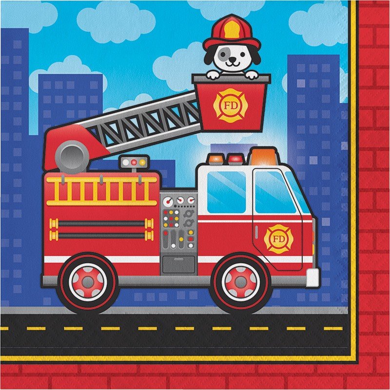 16 SERVIETTES 33 CM CÔTÉ CAMION DE POMPIERS ENFLAMMÉ