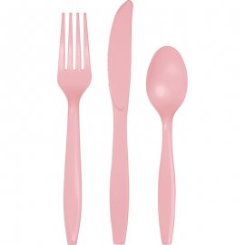18 COUVERTS CLASSIQUES PREMIUM EN PLASTIQUE ROSE