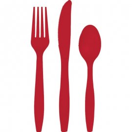 18 COUVERTS CLASSIQUES PREMIUM EN PLASTIQUE ROUGE