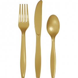 18 COUVERTS PREMIUM EN PLASTIQUE DORÉ À PAILLETTES
