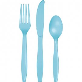 Ensemble de 18 couverts en plastique de qualité supérieure, bleu pastel