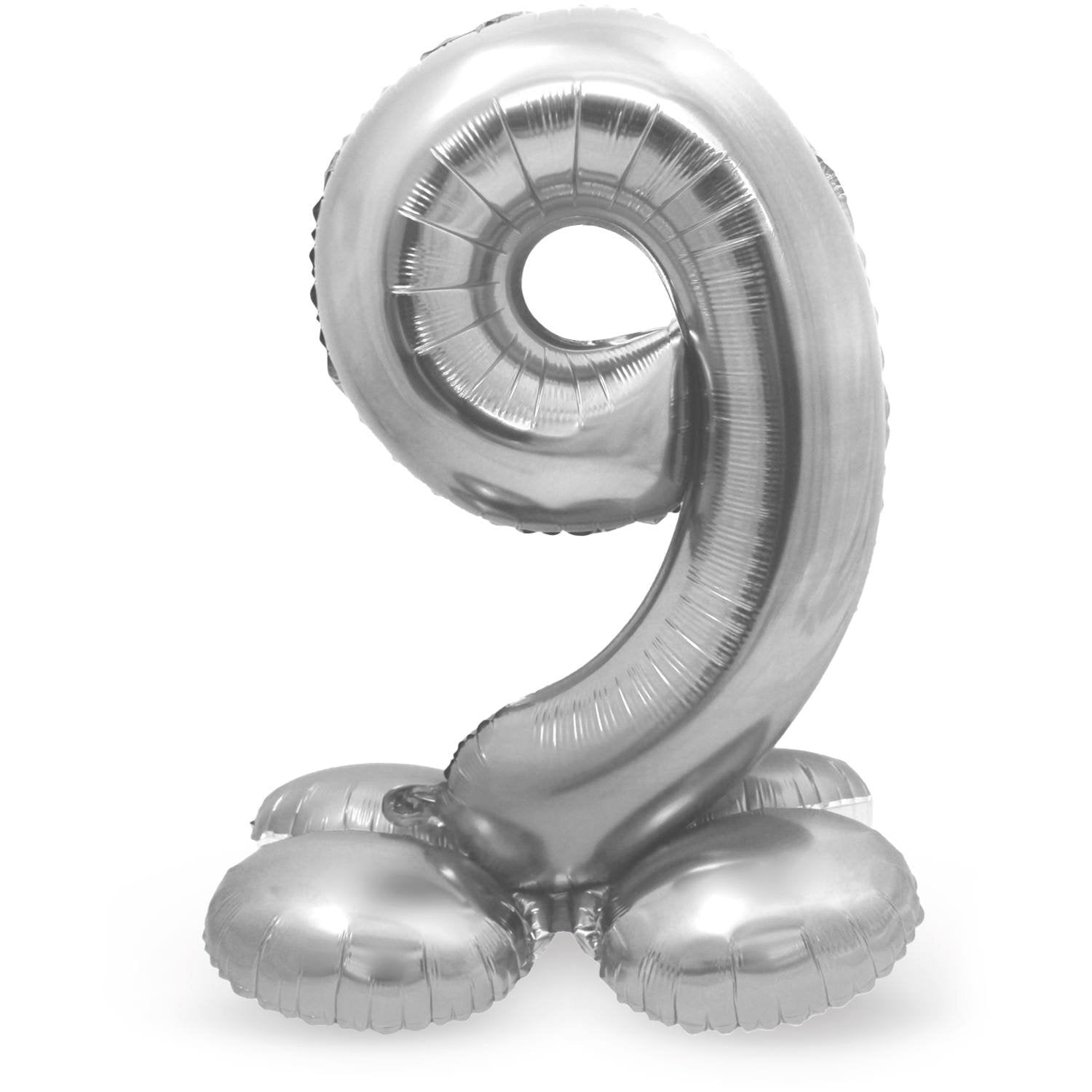 Palloncino numero 9, 72 cm, argento, con supporto