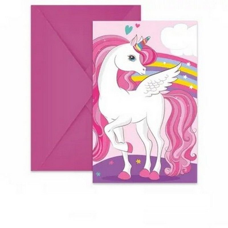 6 invitations aux couleurs de l'arc-en-ciel et de la licorne