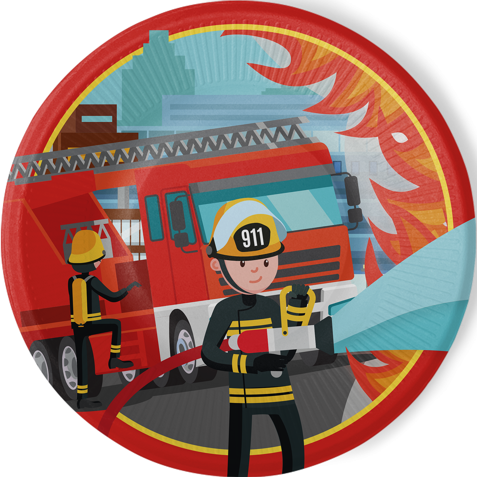 8 PLAQUES 23 CM CAMION DE POMPIERS EN FLAMMES